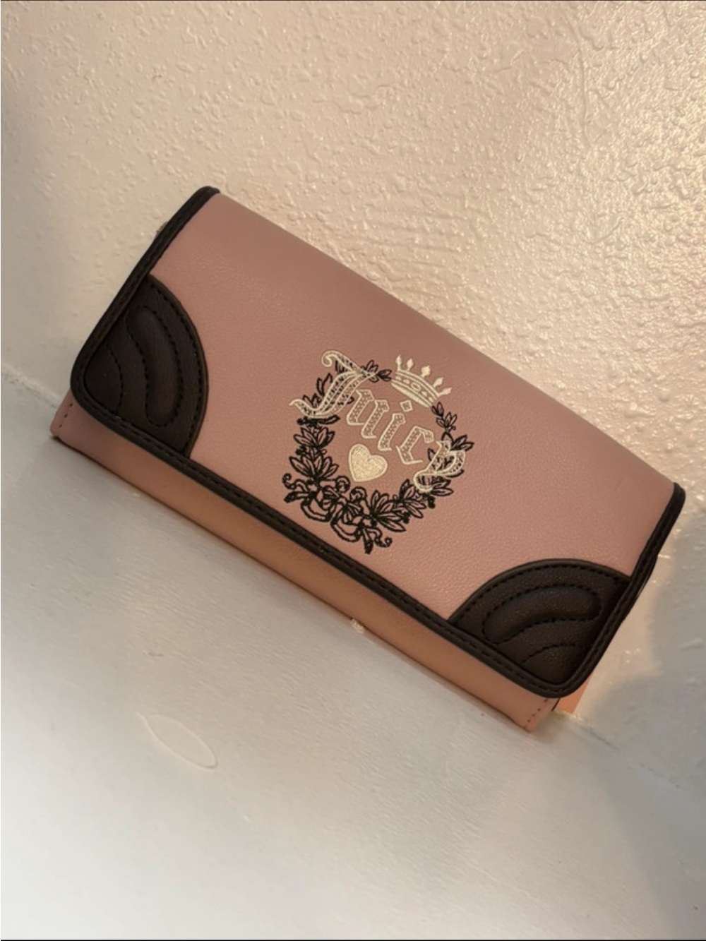 Juicy Couture Pink and Black Embroidered Crest Trifold Wallet